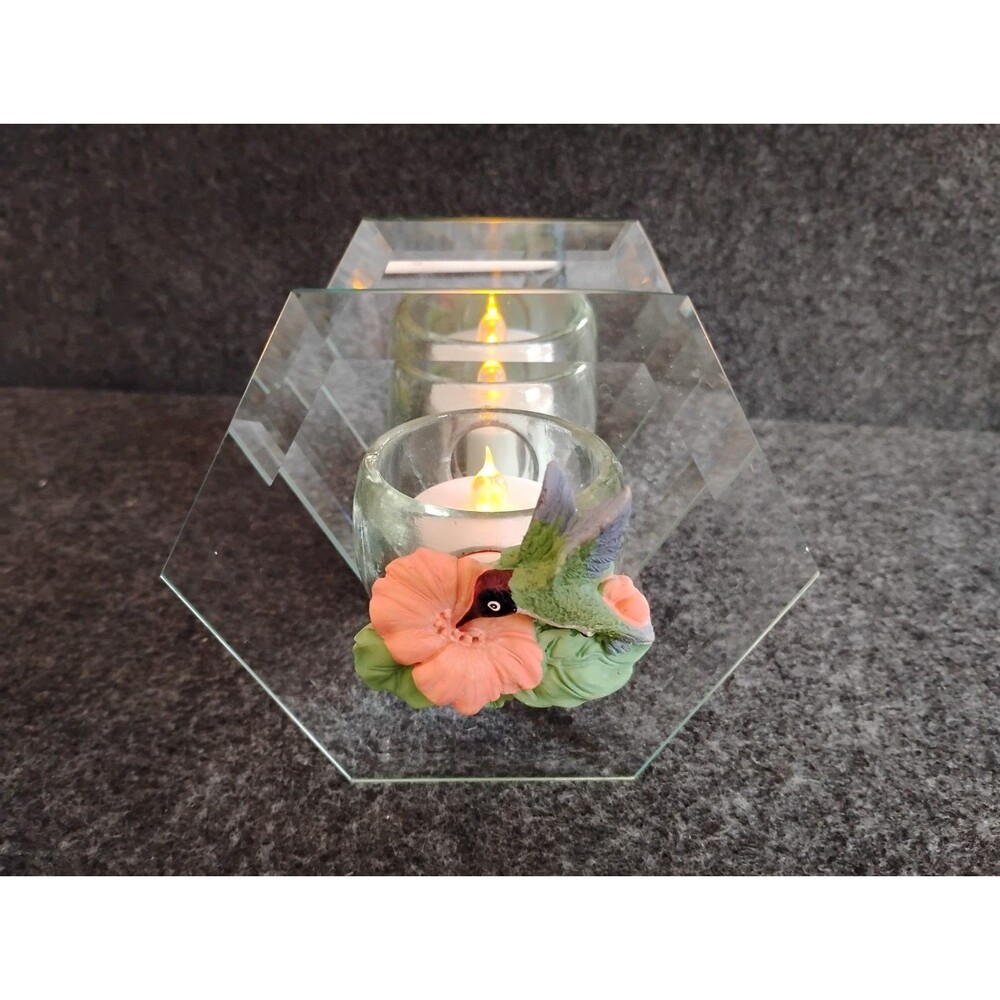 Hummingbird Votive Tealight Candle Mirrored Holder Hexagon Vintage w Faux Candle